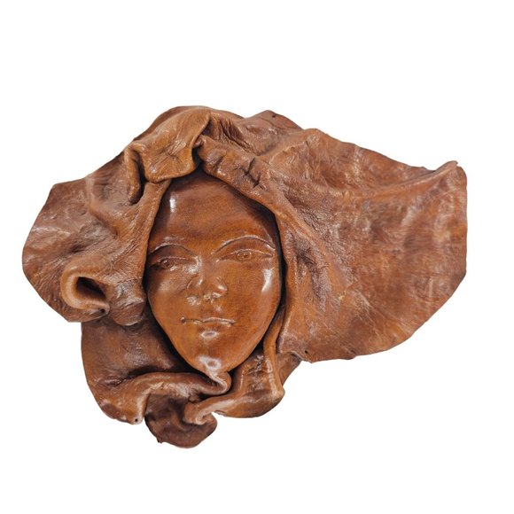 Face Mask Molded Sculpture Handmade Wall Decor Vintage Genuine Leather - Picture 1 of 8